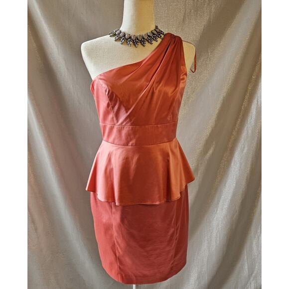 JESSICA SIMPSON Peplum Coral One Shoulder Dress Rose Sz 8 - Picture 1 of 8